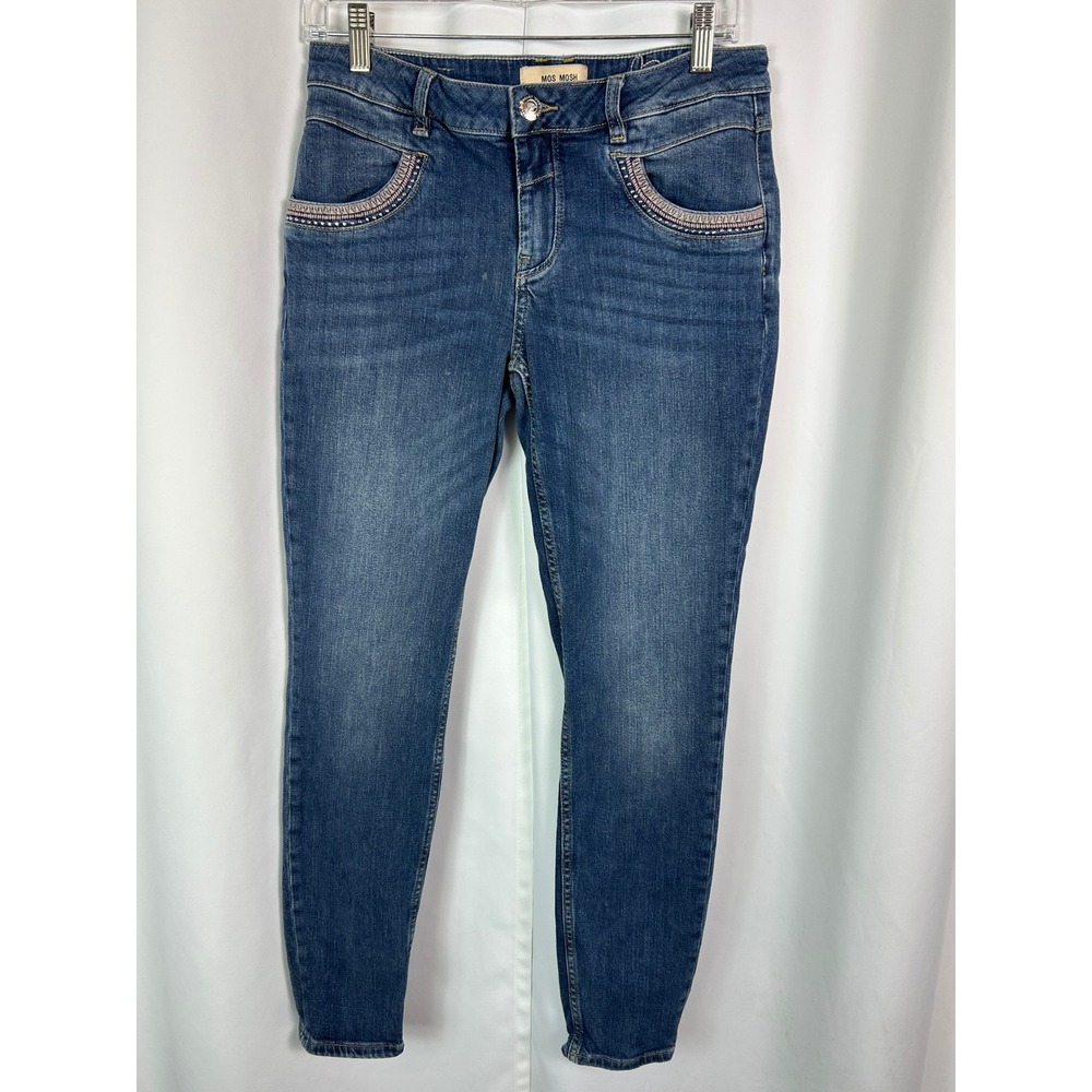 Mos Mosh Naomi Sunny Blue Solid Skinny Jeans Embellished Boho Casual 28